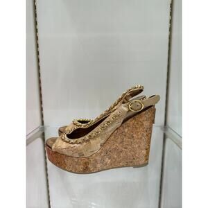 CHANEL COCO Mark Chain Black Leather Wedge Sandals 38.5